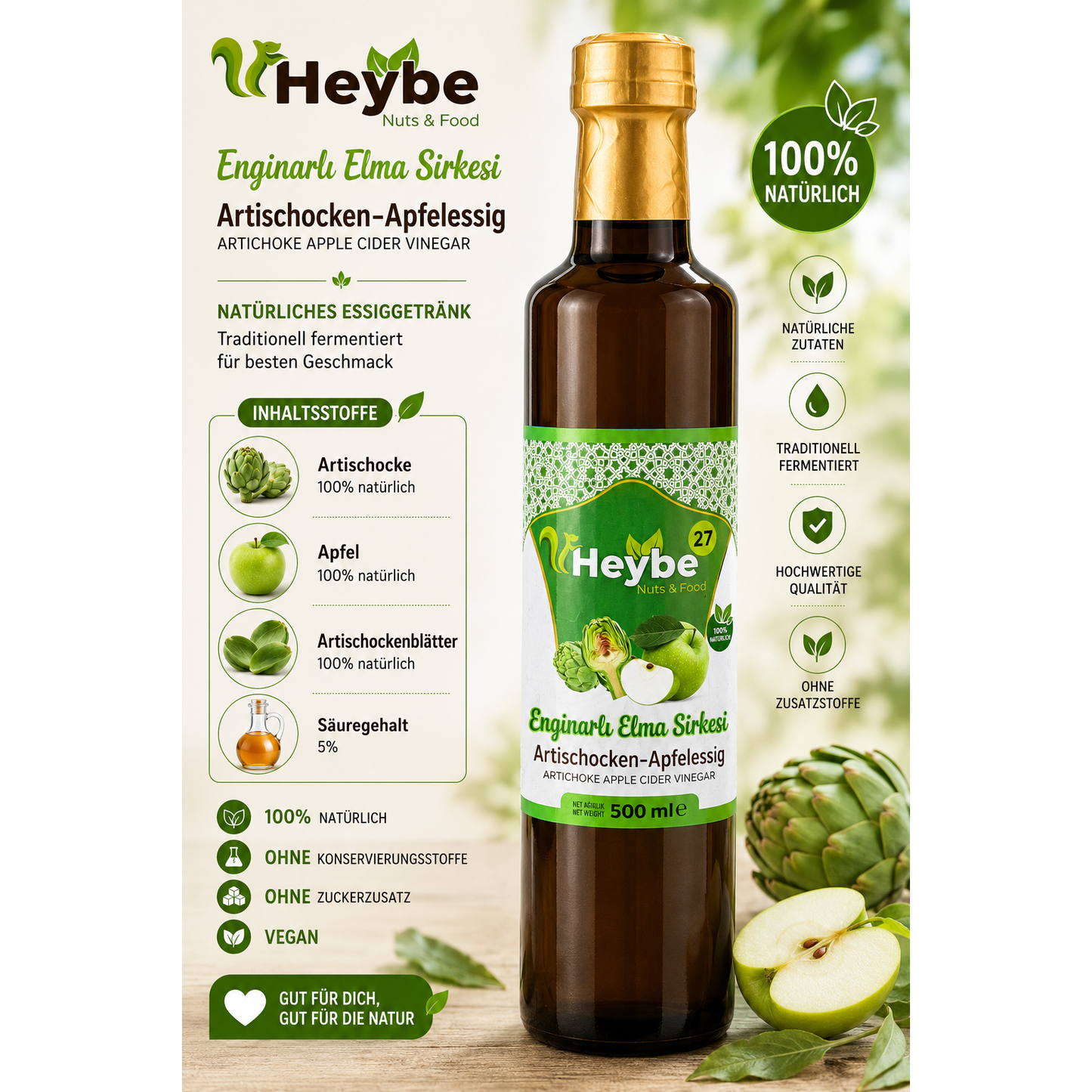 Heybe Apfel-Artischocken Essig 500 ml – Natürlich fermentierter Spezialessig