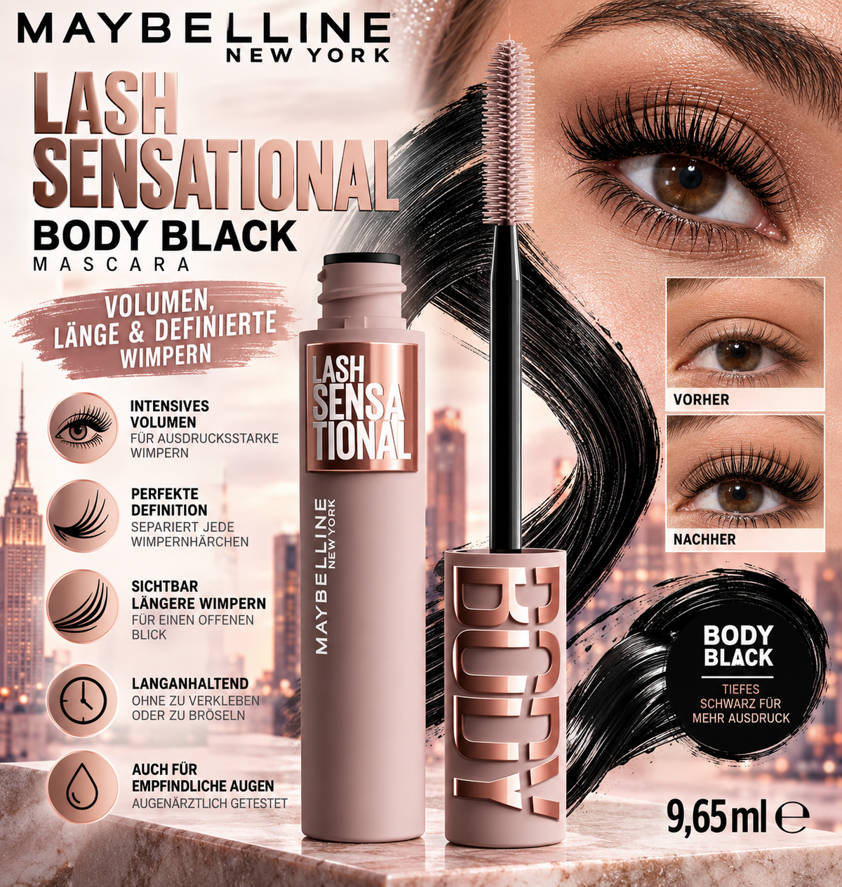 Maybelline Lash Sensational Wimperntusche, volumenvergrößernd, Schwarz, 9,75 ml