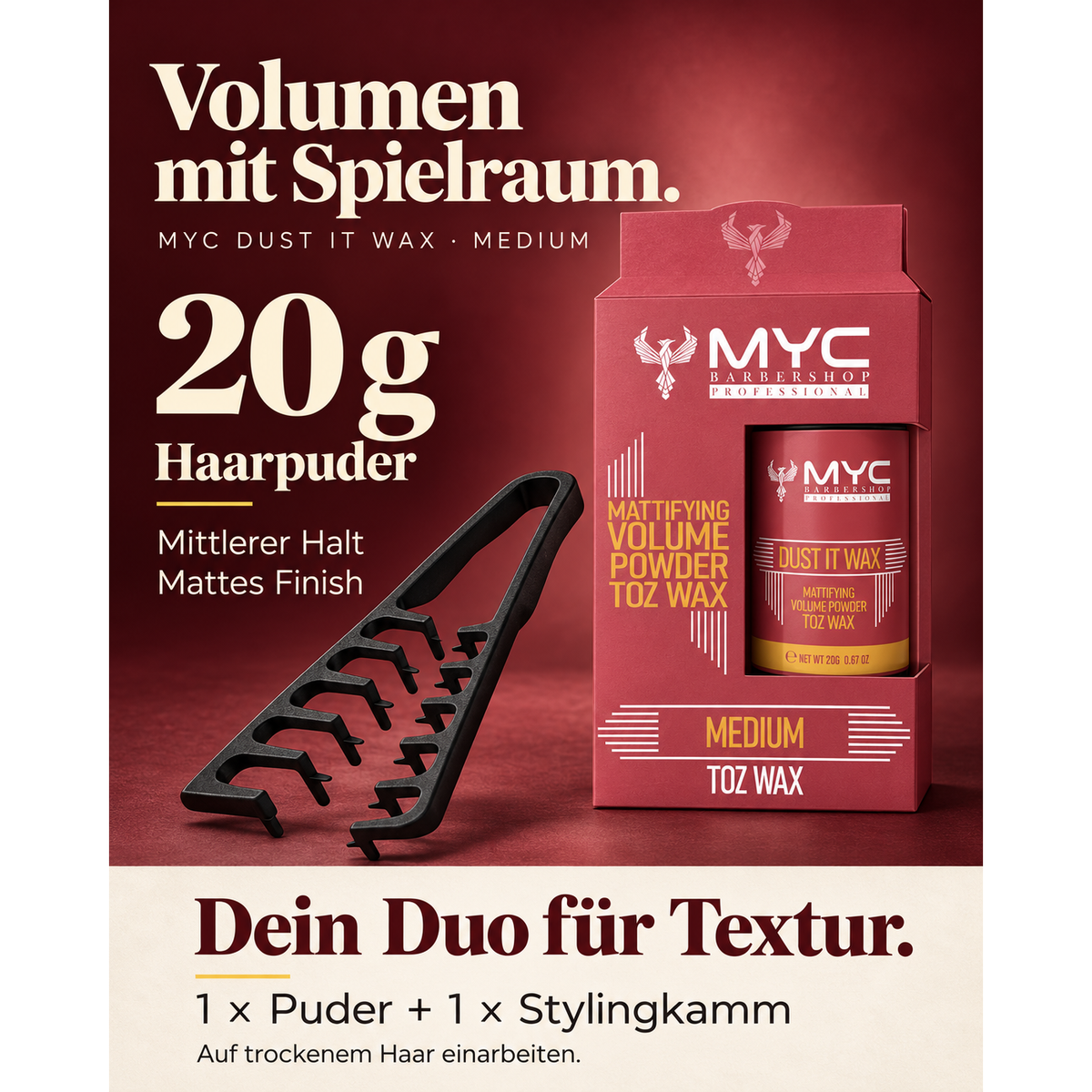 MYC Mattierendes Haarpuder – Mittlerer Halt & Sofort-Volumen (20g) + Stylingkamm – Produktabbildung