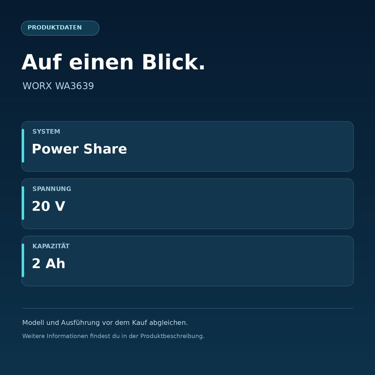 WORX WA3639 – System: Power Share, Spannung: 20 V, Kapazität: 2 Ah