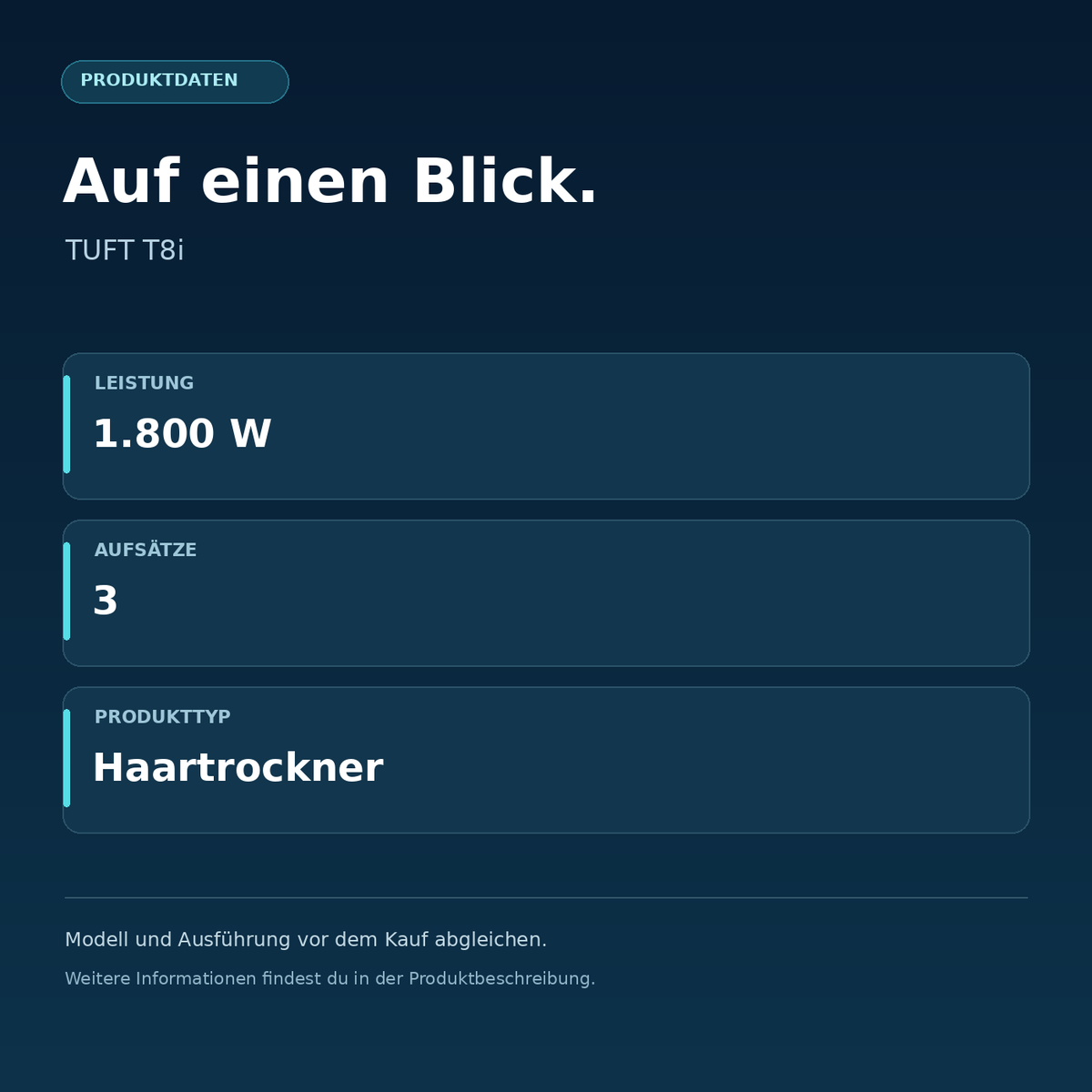 TUFT T8i – Leistung: 1.800 W, Aufsätze: 3, Produkttyp: Haartrockner