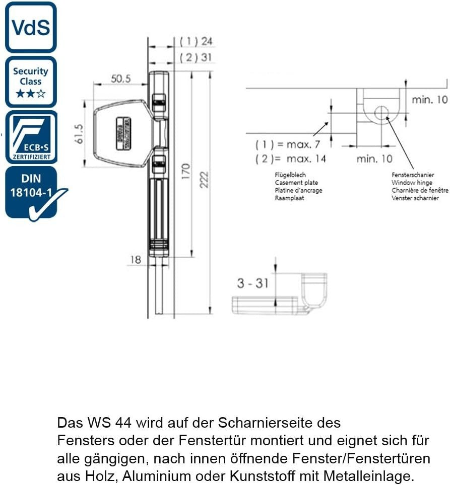 Burg Wächter WS 44 W Winsafe Fenster Tür Sicherung Scharnierseite weiß