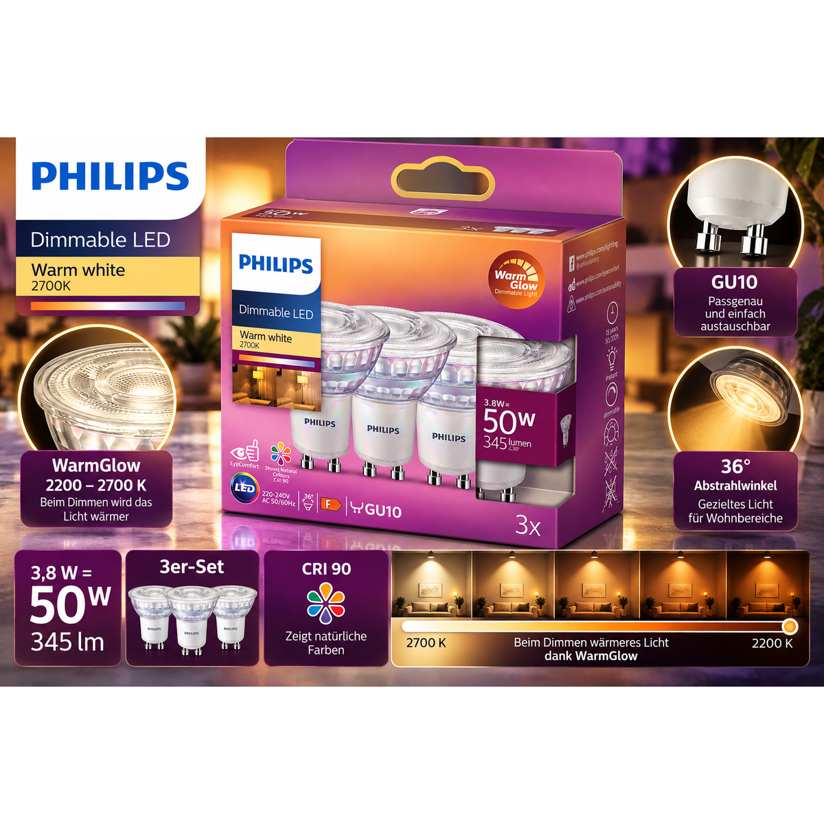 Philips LED GU10 WarmGlow 3er-Set – 3,8W (50W), dimmbar, 2700K, EyeComfort, CRI9 – Produktbild