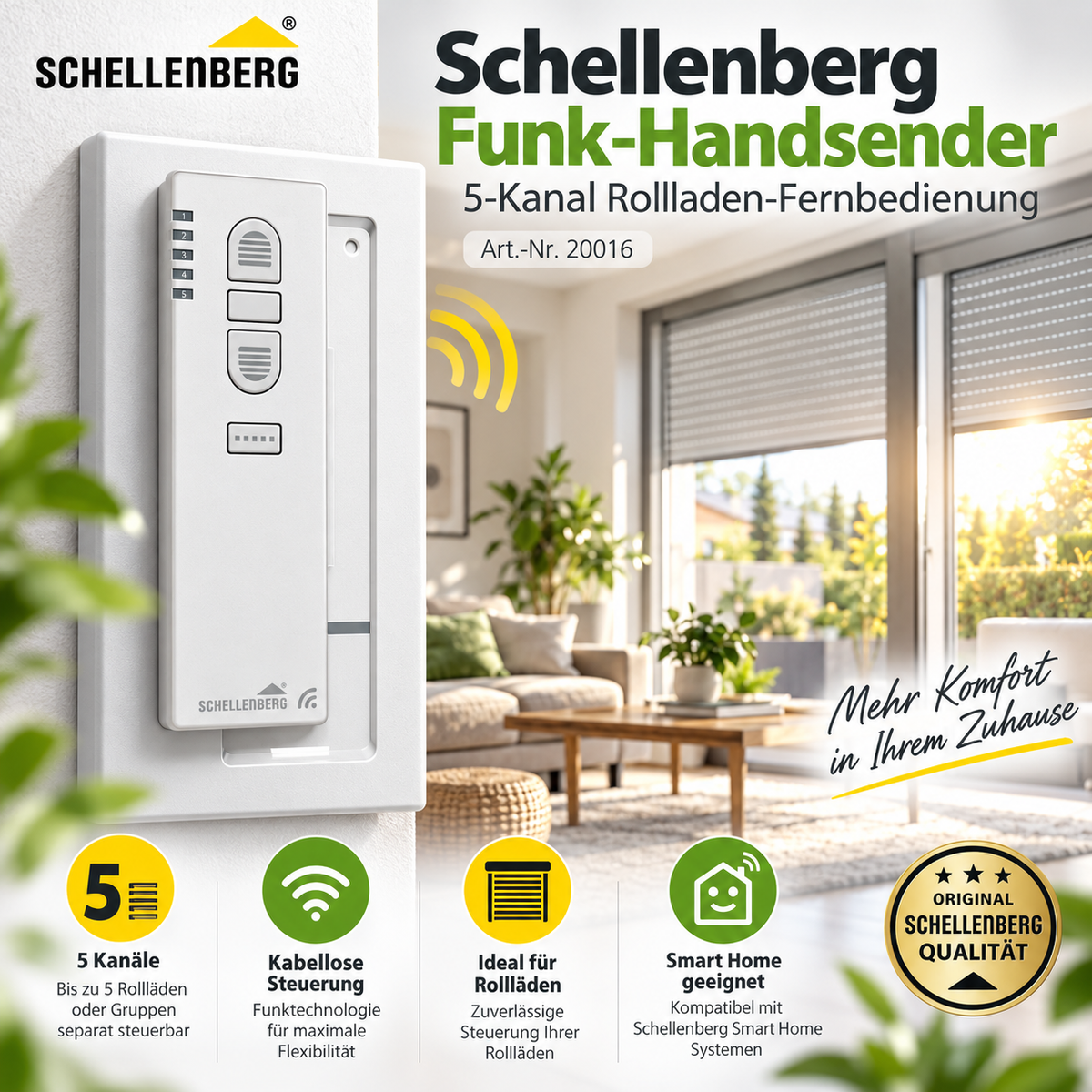 Schellenberg Funk-Handsender 5-Kanal Art Rollladen Fernbedienung weiß TOP NEU – Produktbild 1
