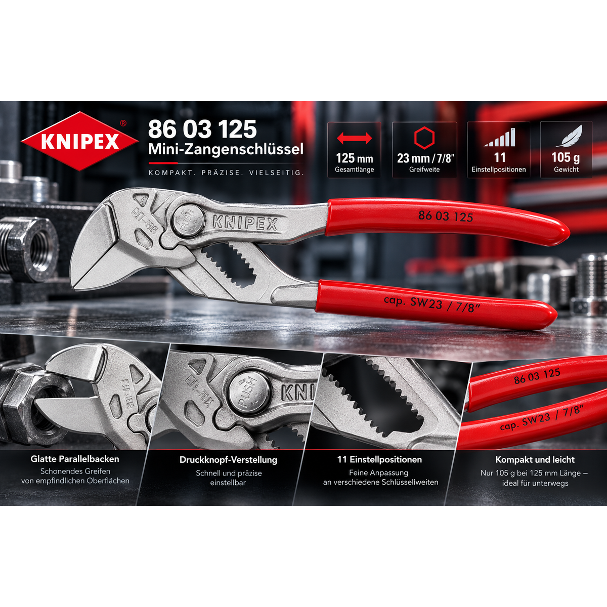 KNIPEX 86 03 125 SB Mini-Zangenschlüssel Zange und Schraubenschlüssel in einem W – Produktbild 1