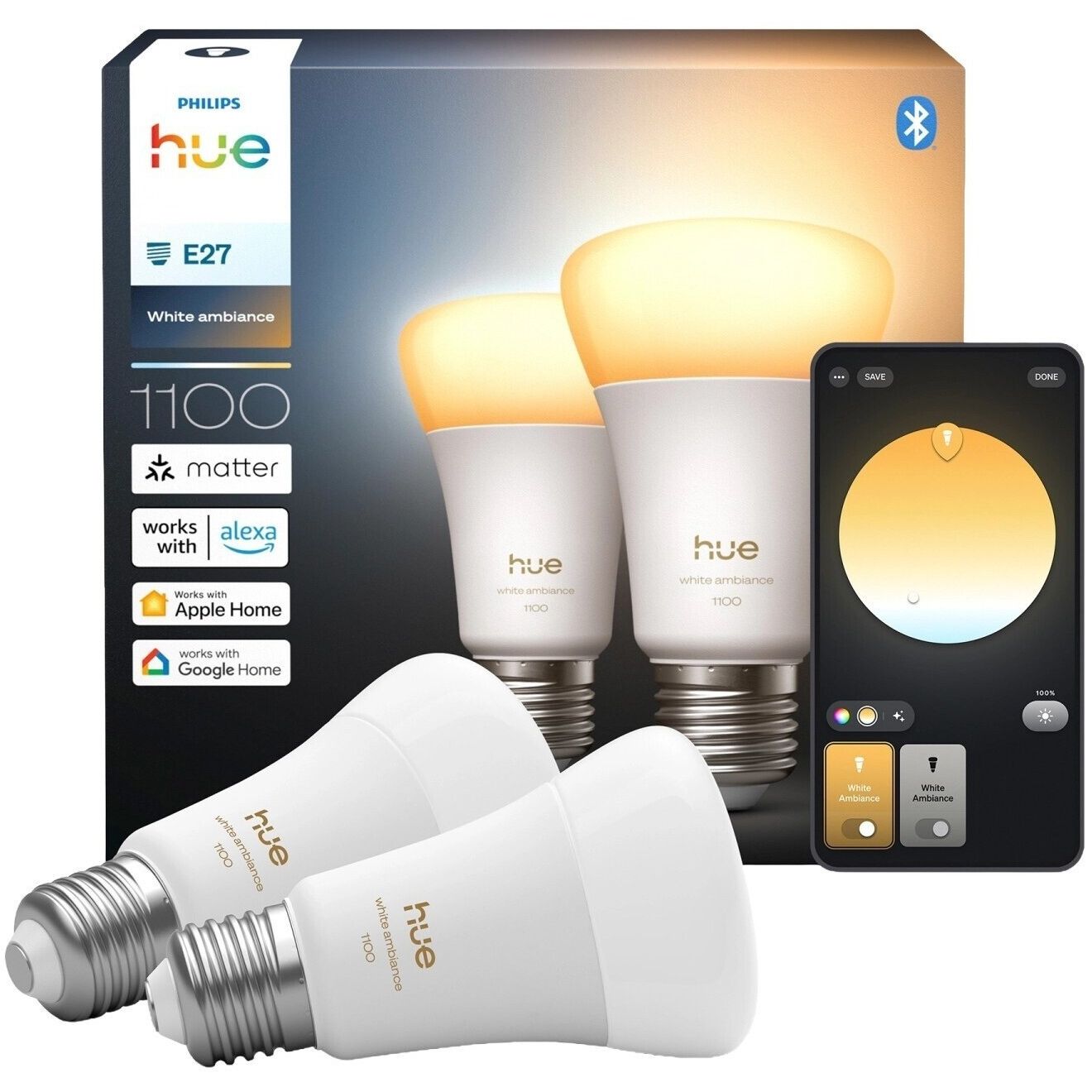 Philips Hue Smart LED A60 Lampe, White Ambiance, E27 Fassung 1100 Lumen 2er Pack
