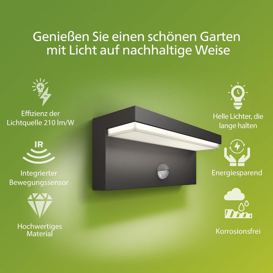 Philips Outdoor Ultra-Efficient Bustan Wandleuchte 3.8W, Bewegungssensor, 2700K warmweißes Licht, IP44 wetterfest, anthrazit