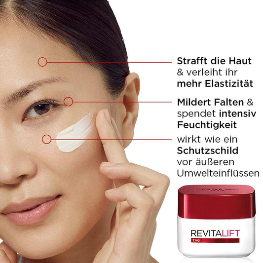 L'Oréal Paris Feuchtigkeitsspendende Tagescréme für Frauen: sorgt für ein strafferes Hautbild & stärkt die Hautschutzbarriere mit Pro-Elastin & Bienenwachs (Cera Alba)Revitalift, 1x 50ml
