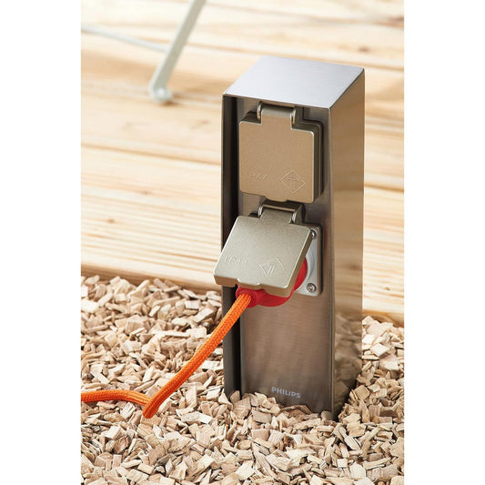 Philips Rock Outdoor Doppelsteckdose, wetterfeste Steckdose mit 2 Steckern, optimale Stromversorgung für LED Beleuchtung im Außenbereich, Edelstahl