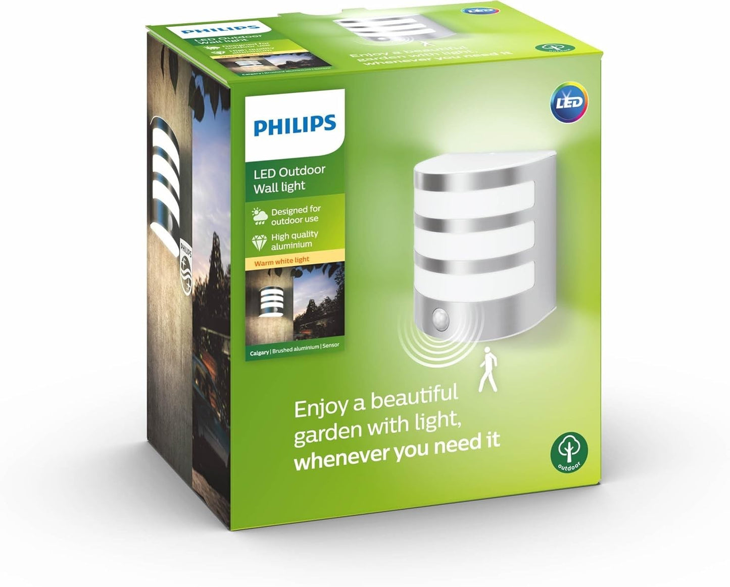 Philips Calgary LED Außenwandleuchte mit Bewegungsmelder – 6W, 2700K, IP44, Alum
