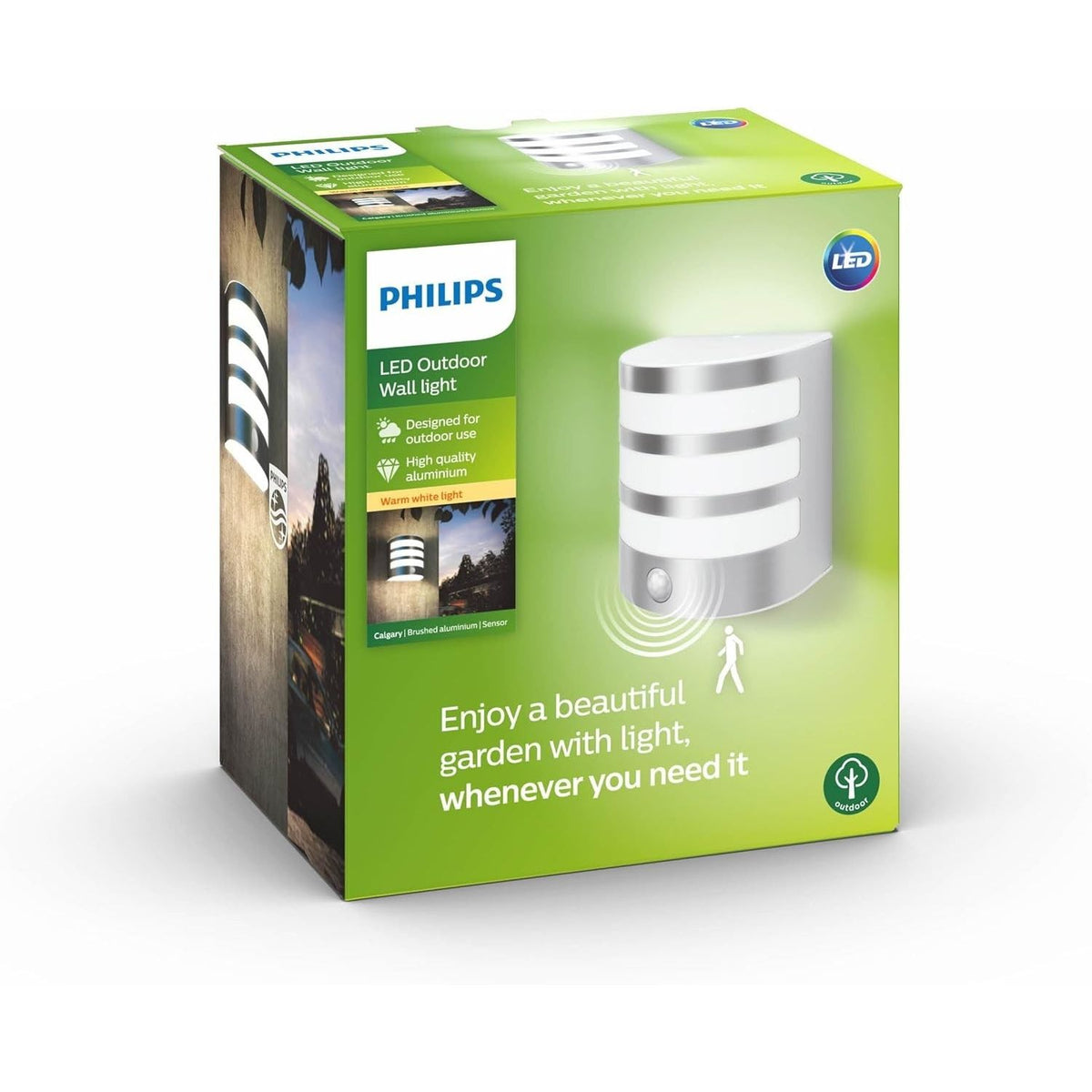 Philips Calgary LED Außenwandleuchte mit Bewegungsmelder – 6W, 2700K, IP44, Alum