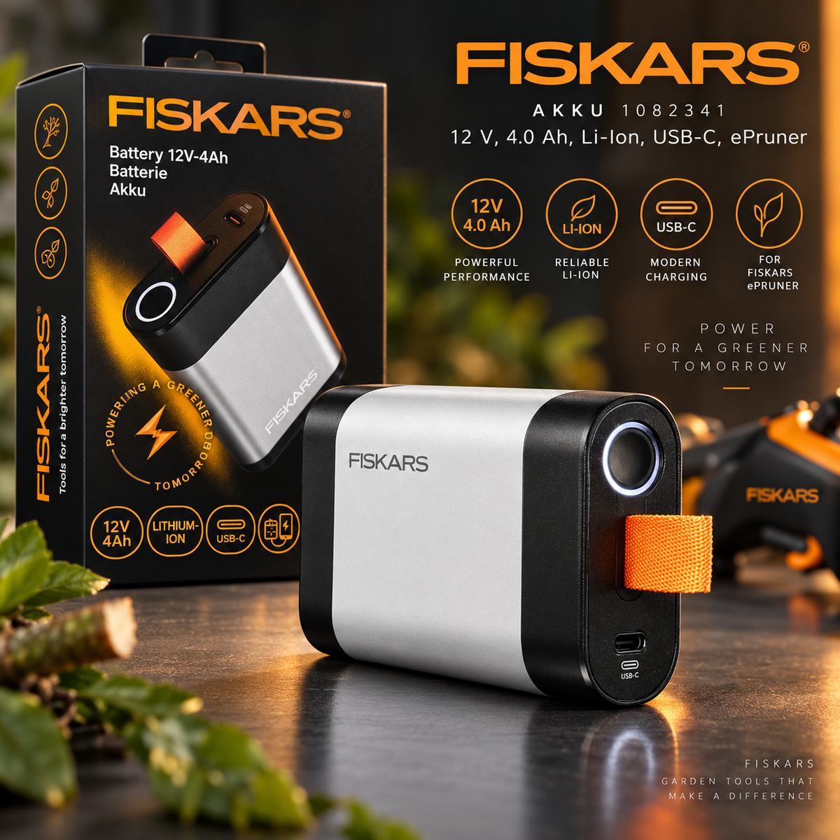 Fiskars Akku 1082341 – 12 V, 4,0 Ah, Li-Ion, USB-C für ePruner