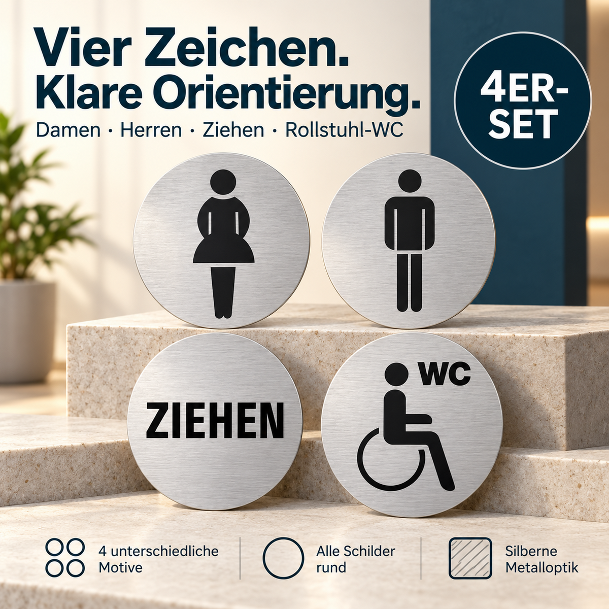 4er Set Schild, Damen, Herren, Ziehen, Behinderten WC, selbstklebend, Aluminium – Produktabbildung