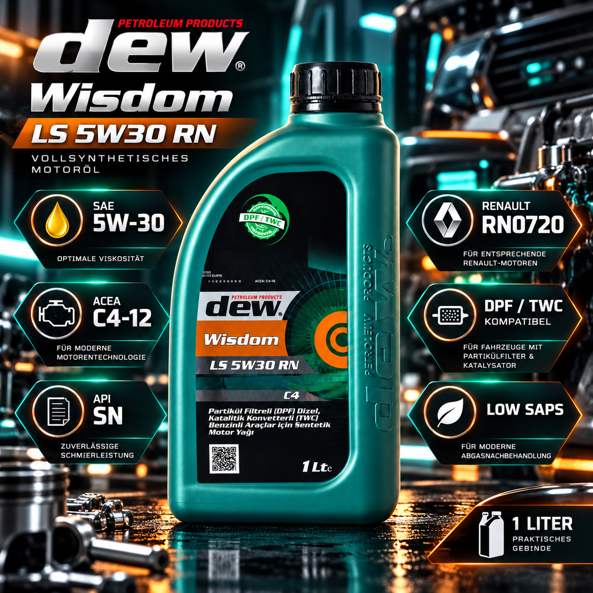 dew Wisdom LS 5W30 RN – 1 Liter Hochleistungs-Motoröl – Produktbild 1