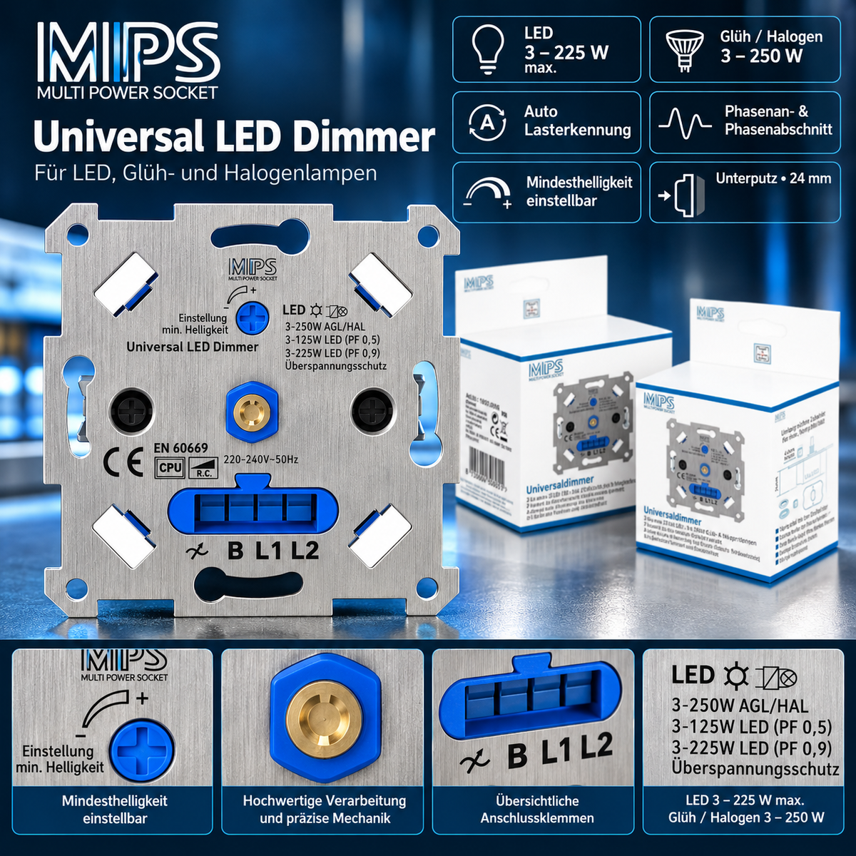 Kopp Universal LED Dimmer Einsatz Unterputz 3–225W Glüh/Halogen/LED NEU – Produktbild