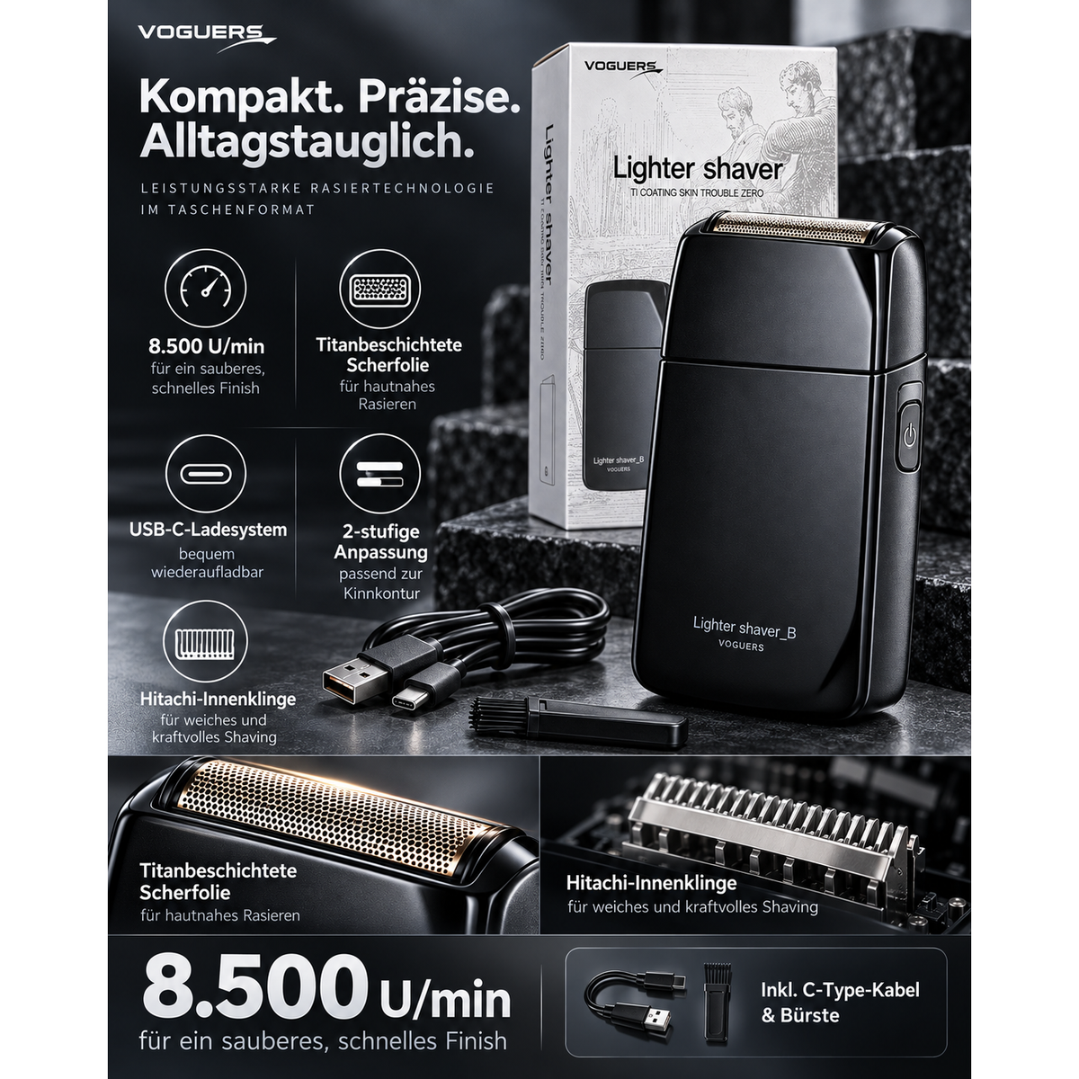 Voguers Lighter Shaver / Rasierer Titanbeschichtet, USB-C, Hitachi-Schneidklinge – Produktabbildung