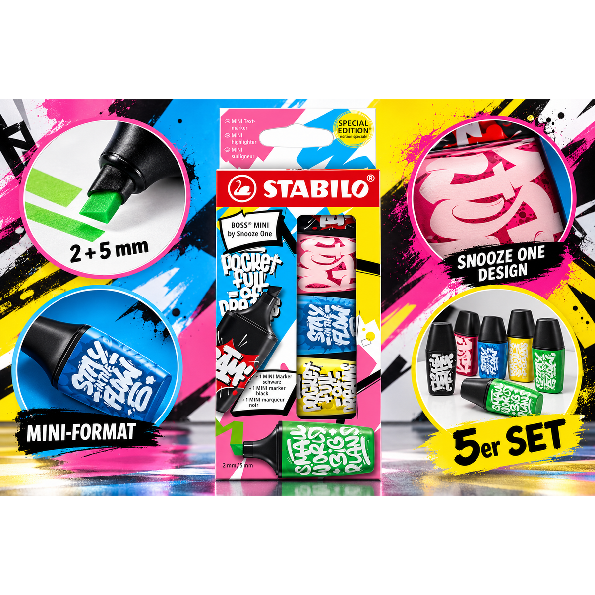 Textmarker & Marker - STABILO BOSS MINI by Snooze One - 5er Pack - pink, bl ... – Produktbild 1
