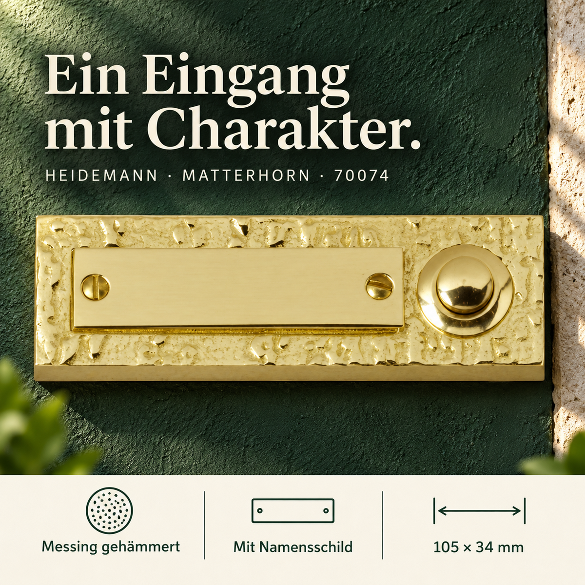 Heidemann Klingeltaster "Matterhorn" mit Namensschild, Messing-vernickelt 70074 – Produktabbildung