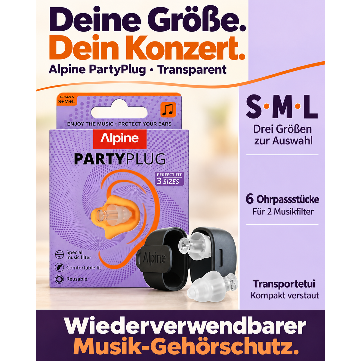 Alpine PartyPlug Ohrstöpsel - transparent - 3 Größen (S/M/L) – Produktabbildung