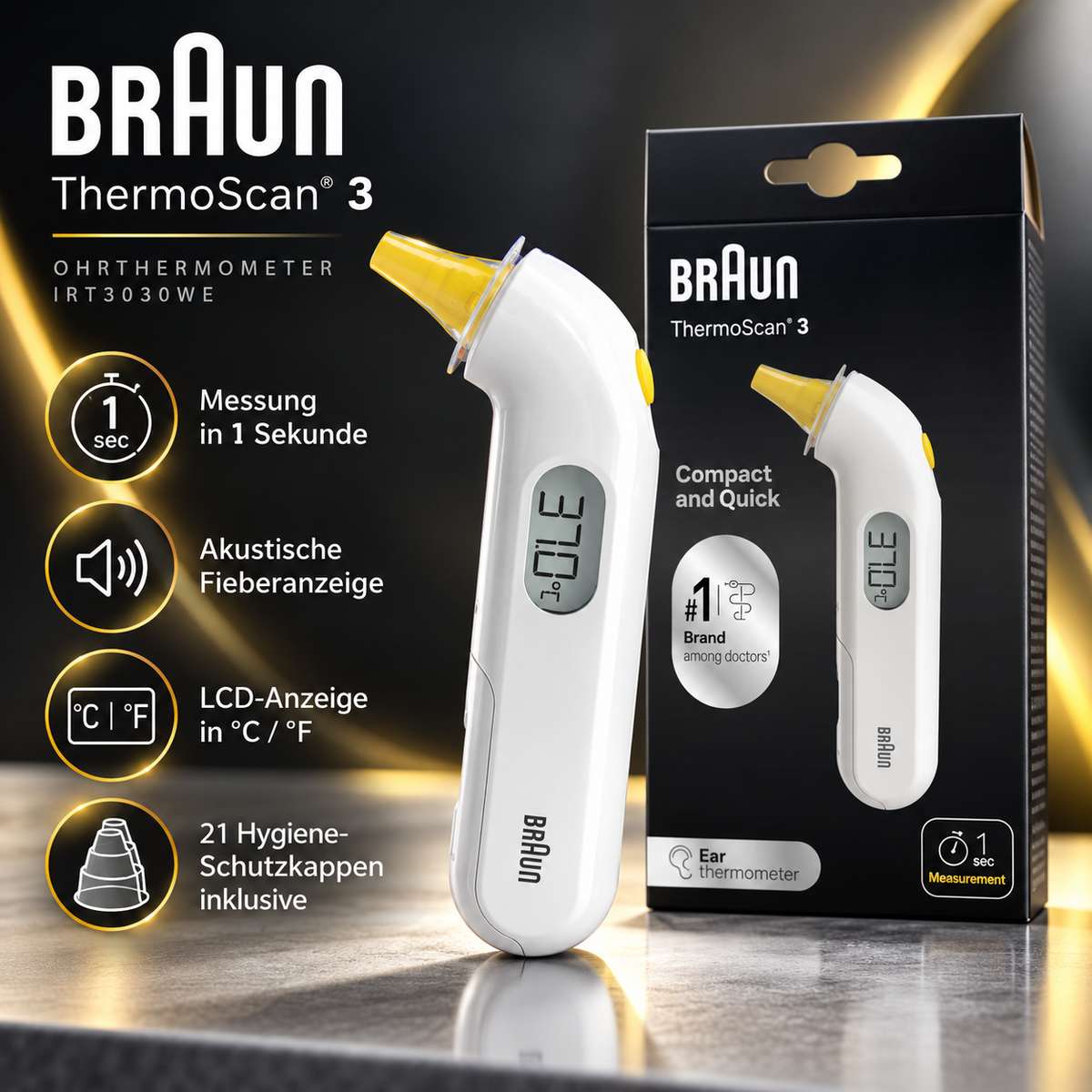 Braun ThermoScan 3 Ohrthermometer | Schnelle 1-Sekunden-Messung | Akustische Fie – Produktabbildung