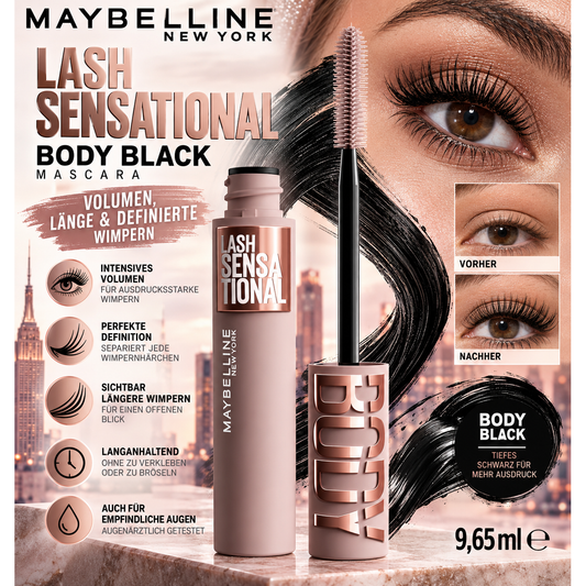 Maybelline Lash Sensational Wimperntusche, volumenvergrößernd, Schwarz, 9,75 ml – Produktbild