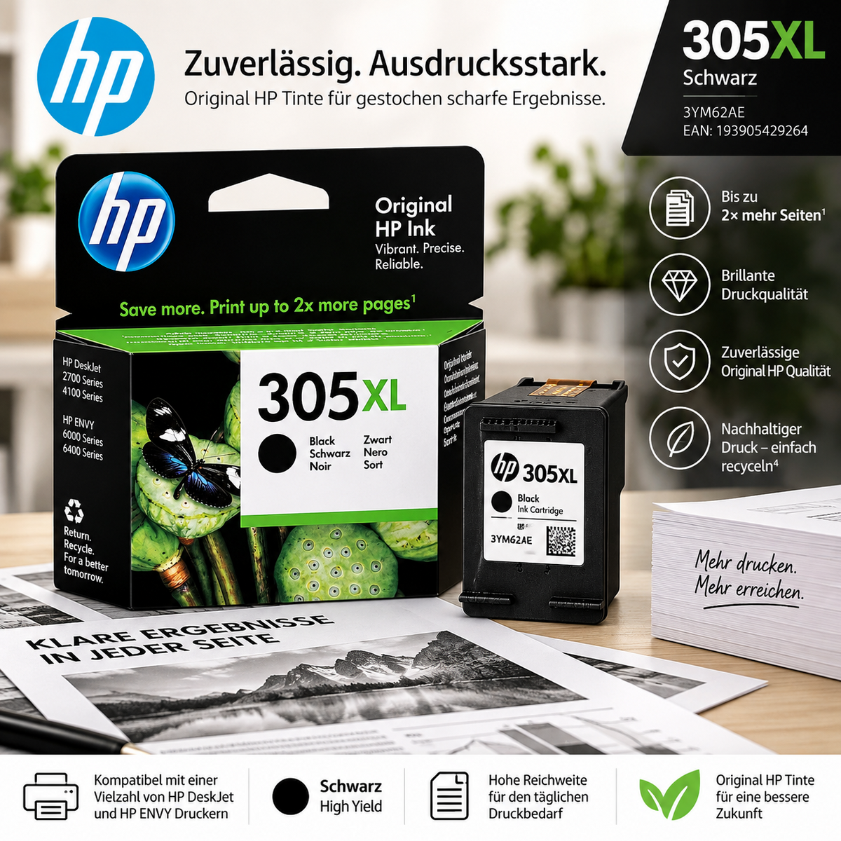 HP 305XL Schwarz Original Druckerpatrone (3YM62AE)