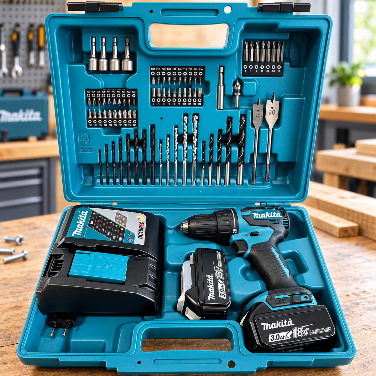 Makita Akku-Schlagbohrschrauber DHP490RFX3, 18V / 2x 3,0 Ah und Ladegerät im Kof
