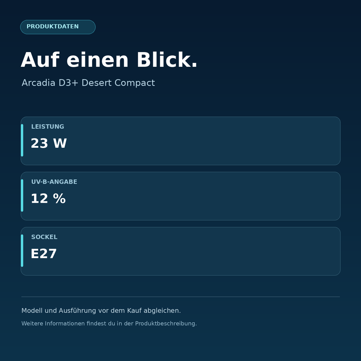 Arcadia D3+ Desert Compact – Leistung: 23 W, UV-B-Angabe: 12 %, Sockel: E27