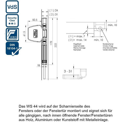 Burg Wächter WS 44 W Winsafe Fenster Tür Sicherung Scharnierseite weiß