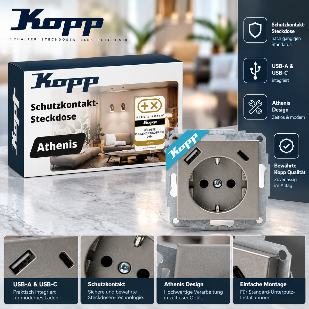 Kopp ATHENIS Steckdose USB A+C Stahlfarben – UP 16A IP20 – Produktbild