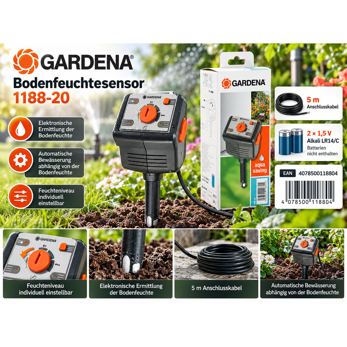 Gardena Bodenfeuchtesensor Feuchtigkeitsmesser Bewässerungssteuerung (1188-20) – Produktbild