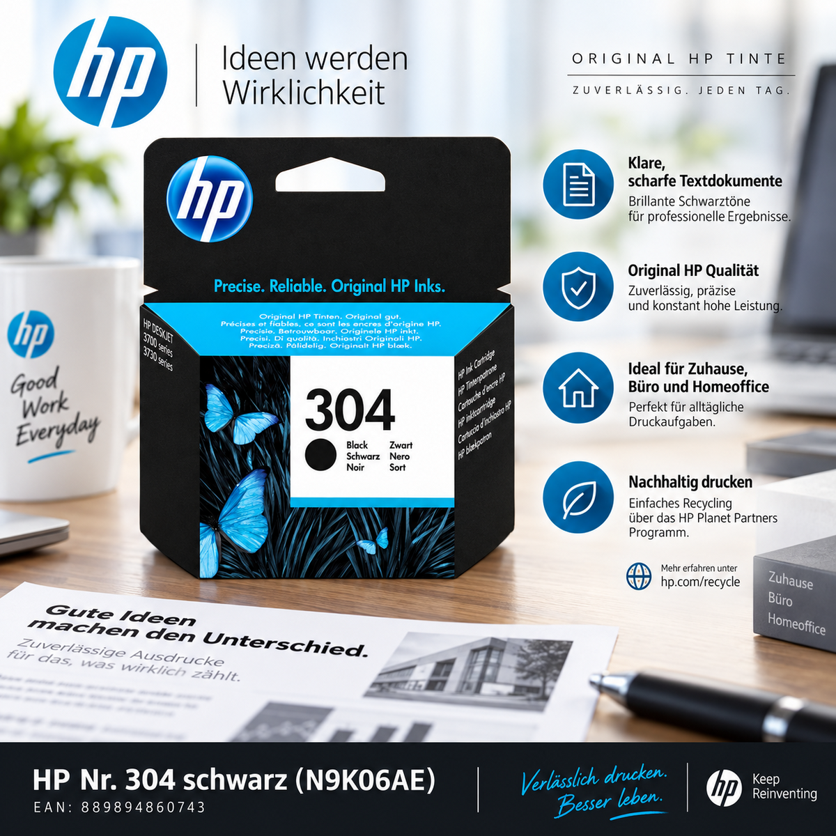 HP Nr. 304 Schwarz Original Tintenpatrone (N9K06AE)