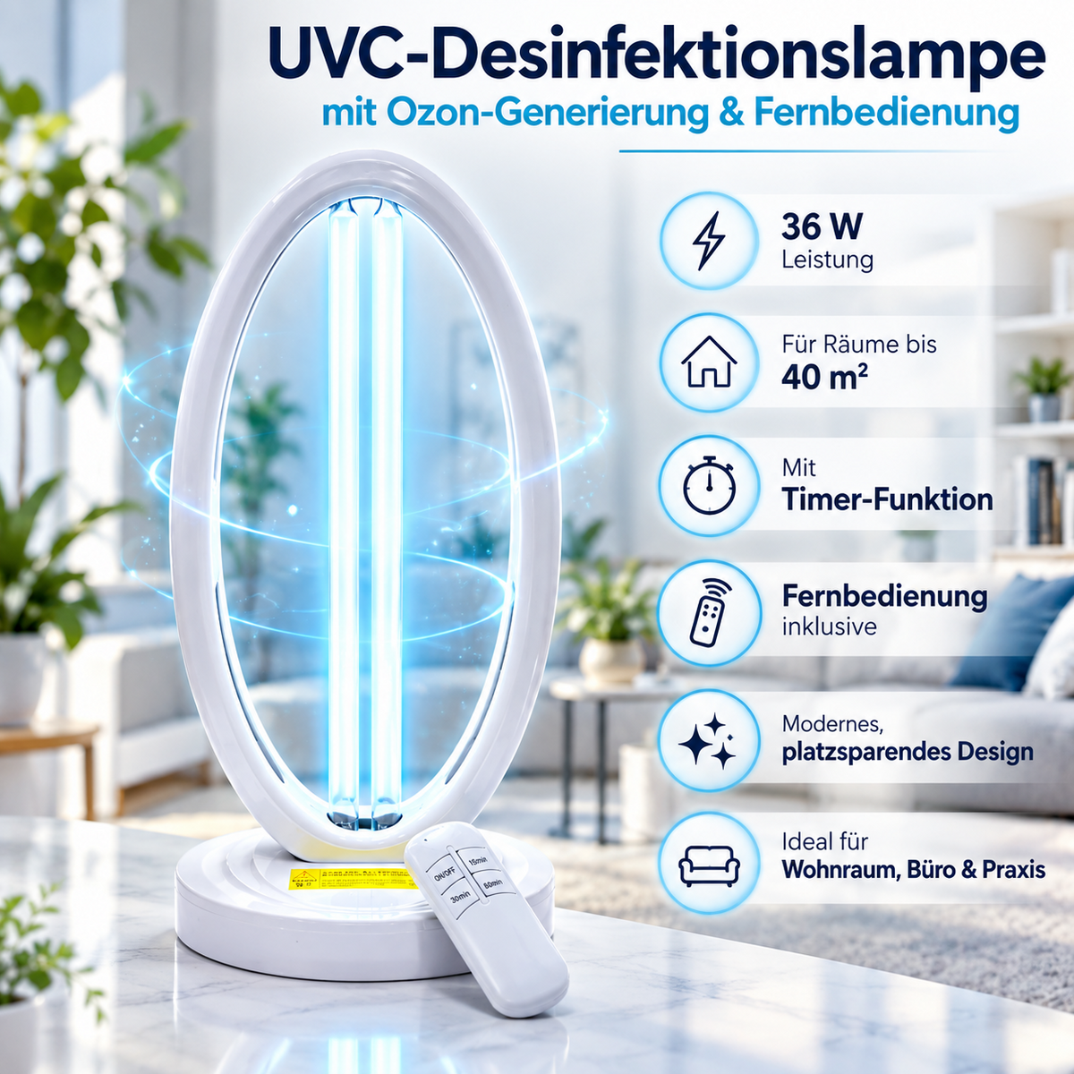 UVC-Desinfektionslampe mit Ozon-Generierung & Fernbedienung – 36 W