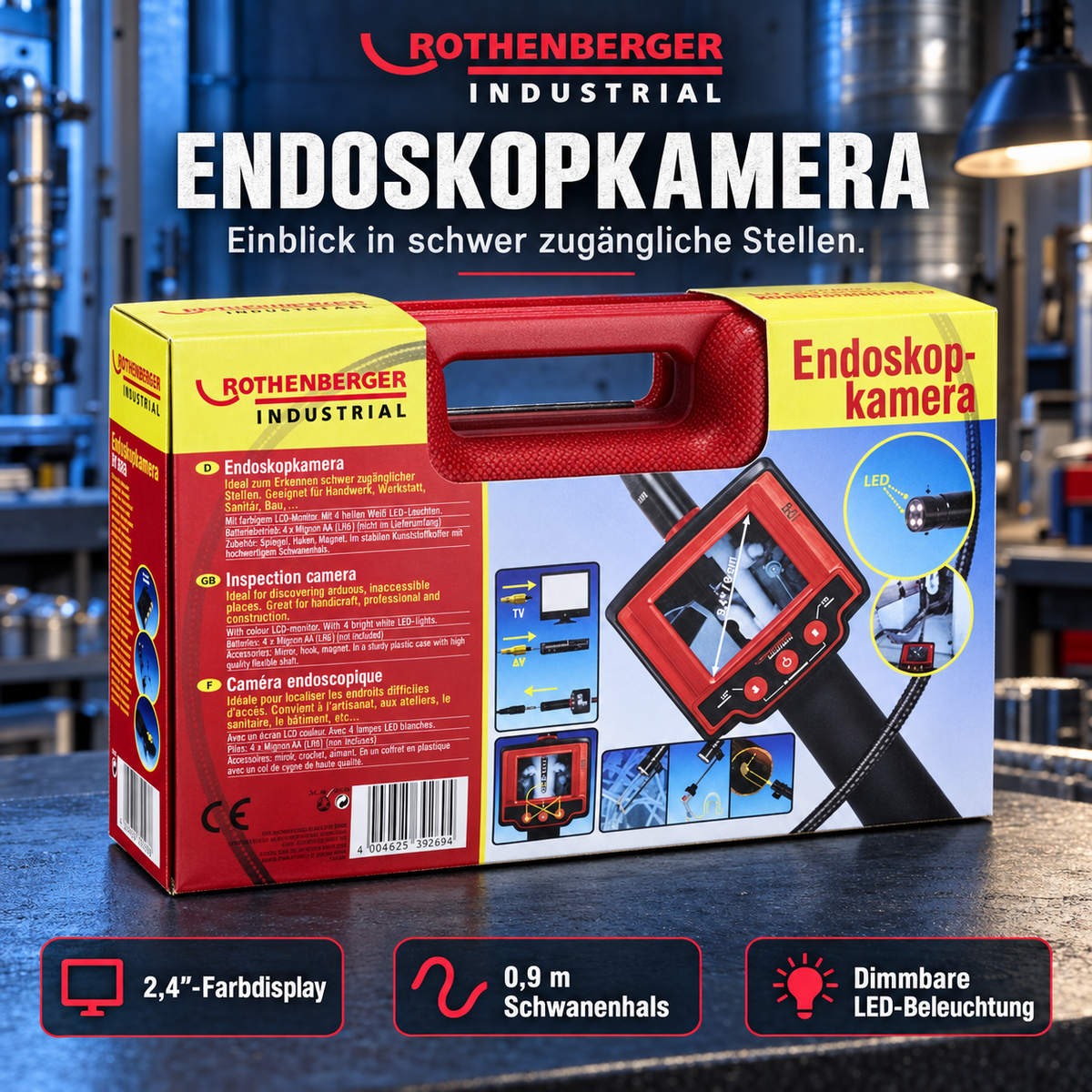 ROTHENBERGER Industrial TF 2809 Endoskopkamera – 2,4″ Farbdisplay, 0,9 m