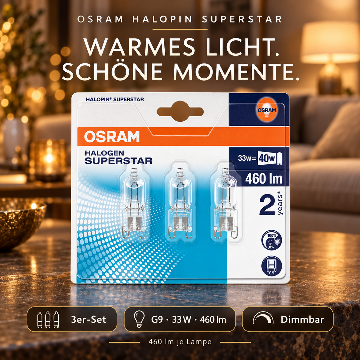 OSRAM HALOPIN SUPERSTAR G9 Halogenlampen 33 W 3er-Set, 460 lm, warmweiß, dimmbar