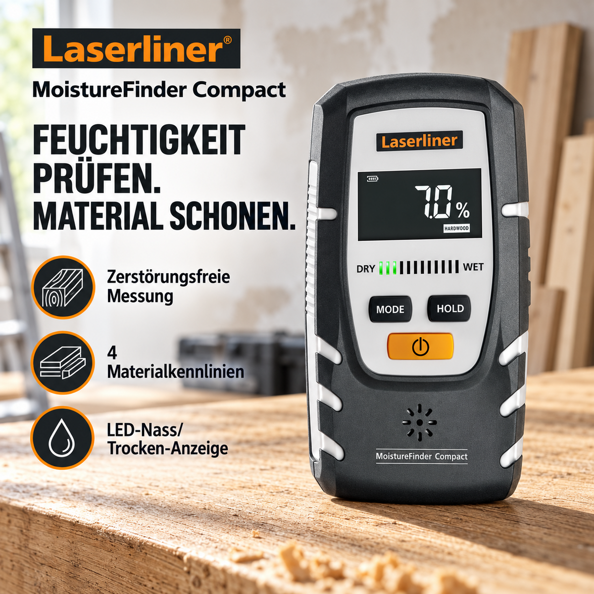 Laserliner MoistureFinder Compact – Feuchtigkeitsmessgerät für Holz & Baustoffe