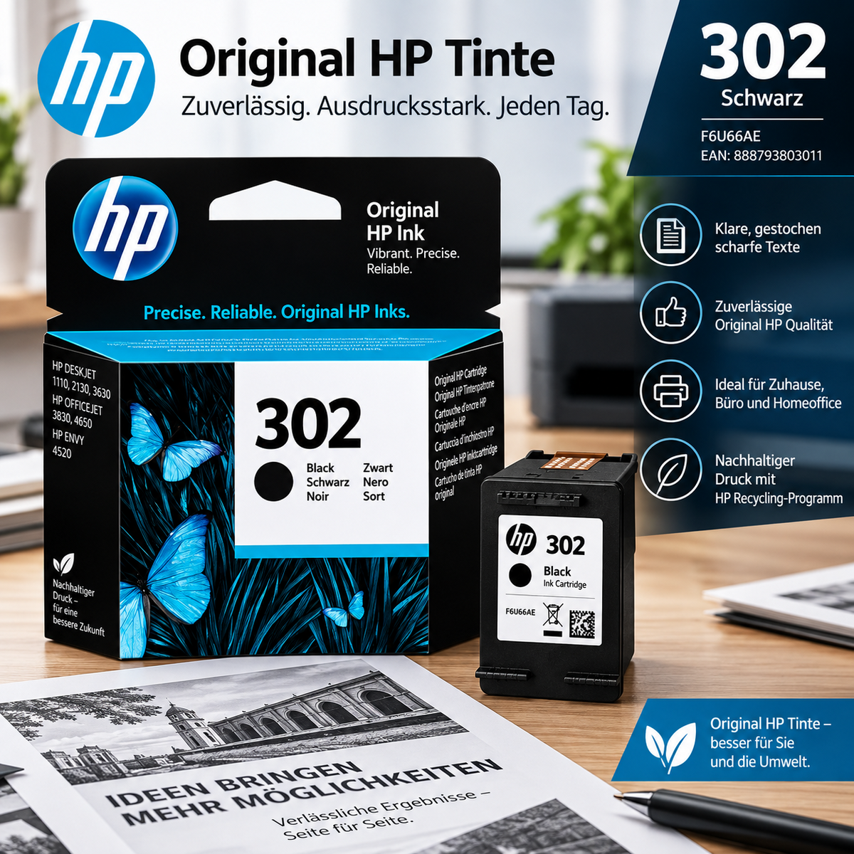 HP 302 Schwarz Original Tintenpatrone (F6U66AE)