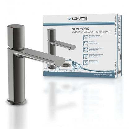 Schütte 33612 NEW YORK Waschtischarmatur mit Ablaufgarnitur, Mischbatterie mit Pop-Up Ventil, Badarmatur Waschbecken, Einhebelmischer Badezimmer, Wasserhahn Bad, Graphit