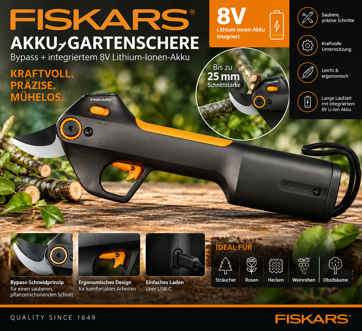 Fiskars Akku-Gartenschere Bypass mit integriertem 8V 4 Ah Lithium-Ionen-Akku