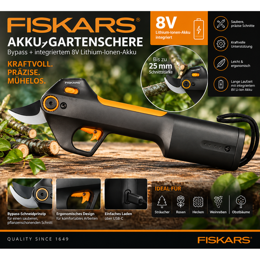 Fiskars Akku-Gartenschere Bypass mit integriertem 8V 4 Ah Lithium-Ionen-Akku – Produktbild