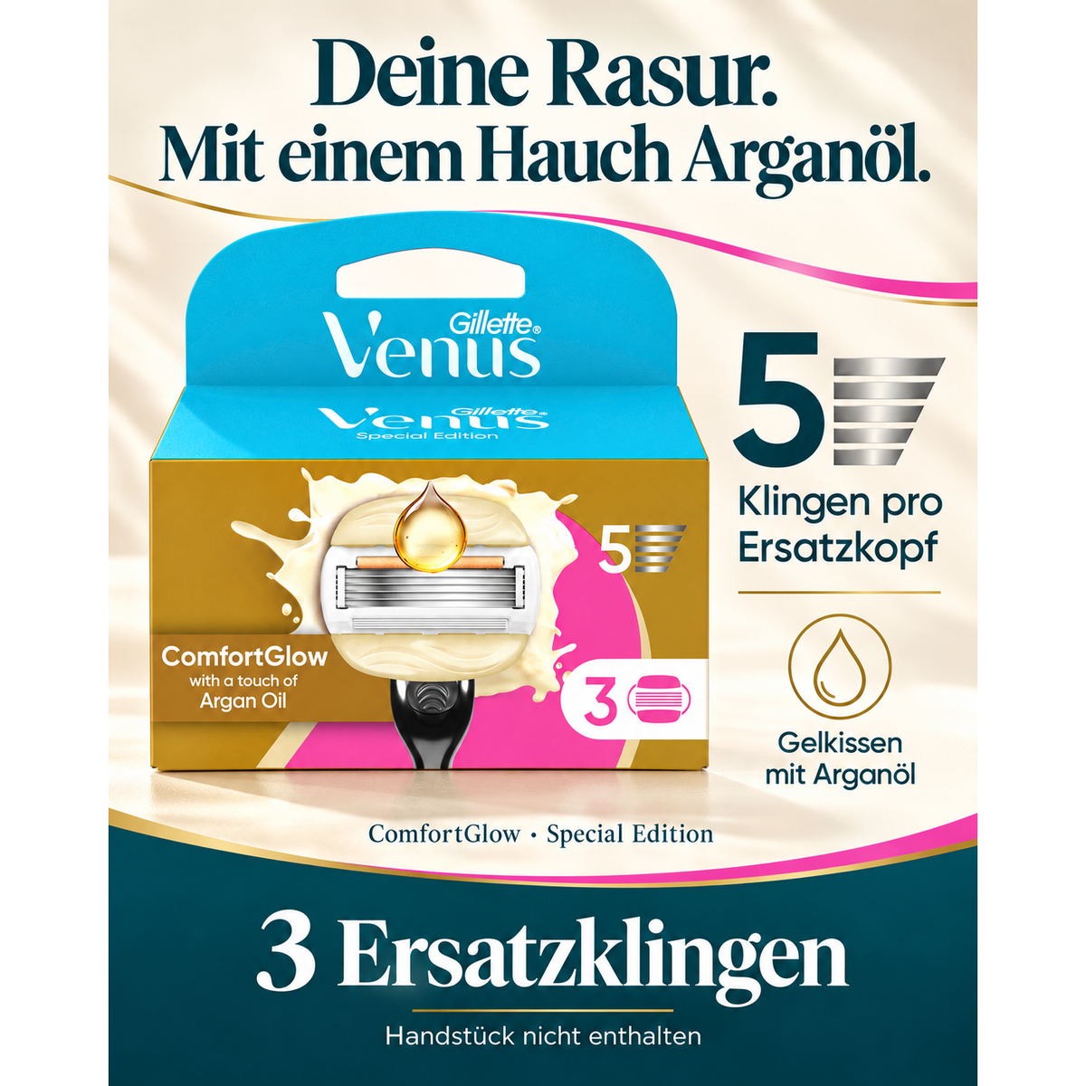 Gillette Venus Pro Comfortglide Arganöl, 3 Rasierklingen / Ersatzklingen – Produktabbildung