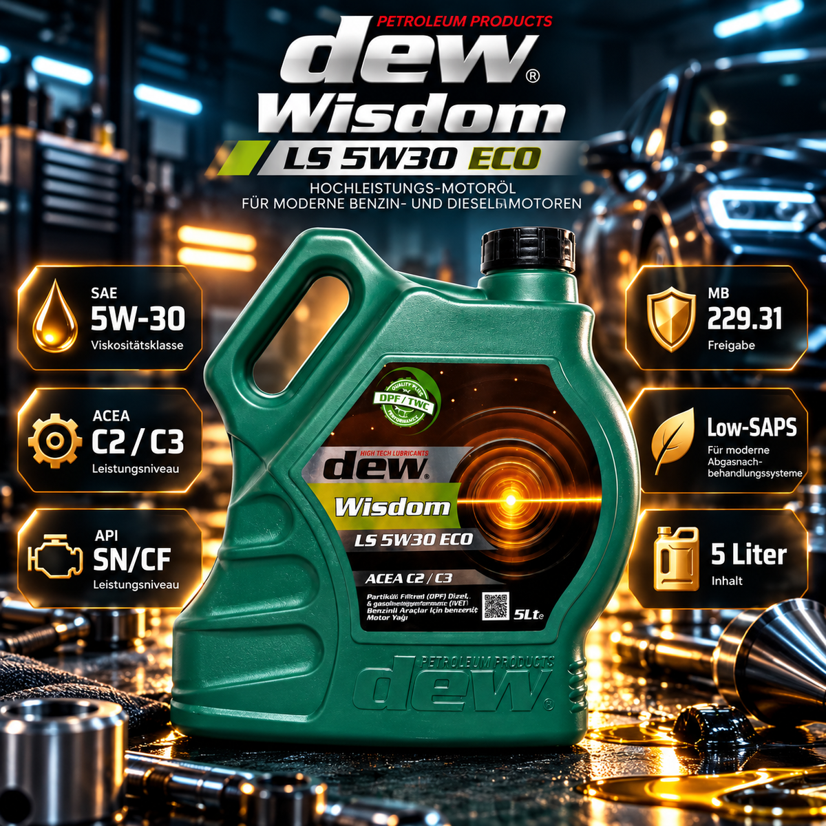 dew Wisdom LS 5W30 ECO C2/C3 – 5 Liter Premium-Motoröl – Produktbild 1