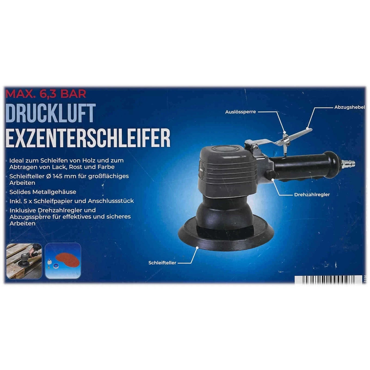 FERREX Druckluft Exzenterschleifer max. 6,3 Bar Zubehör für Holz, Lack & Rost
