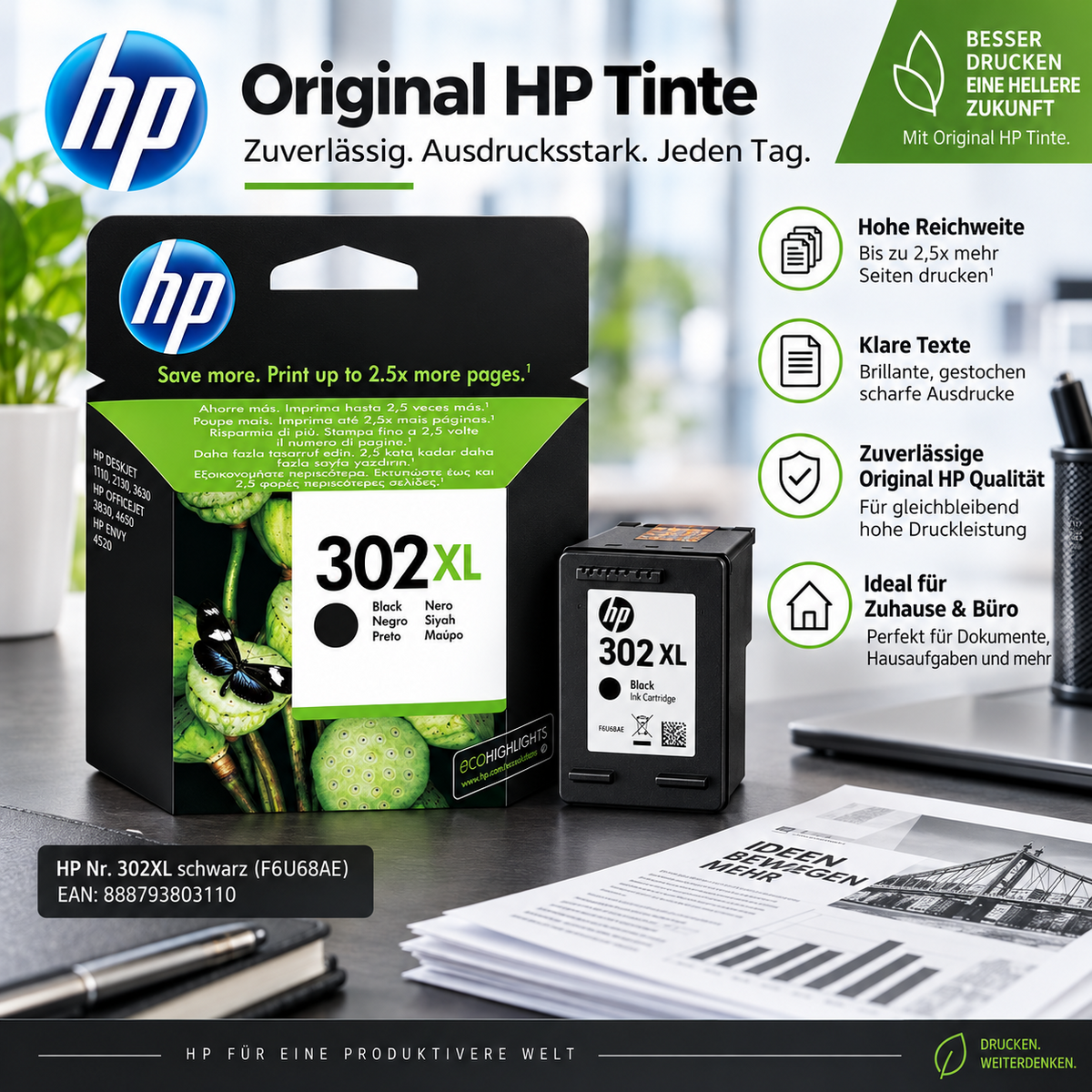 HP 302XL Schwarz Original Druckerpatrone (F6U68AE)