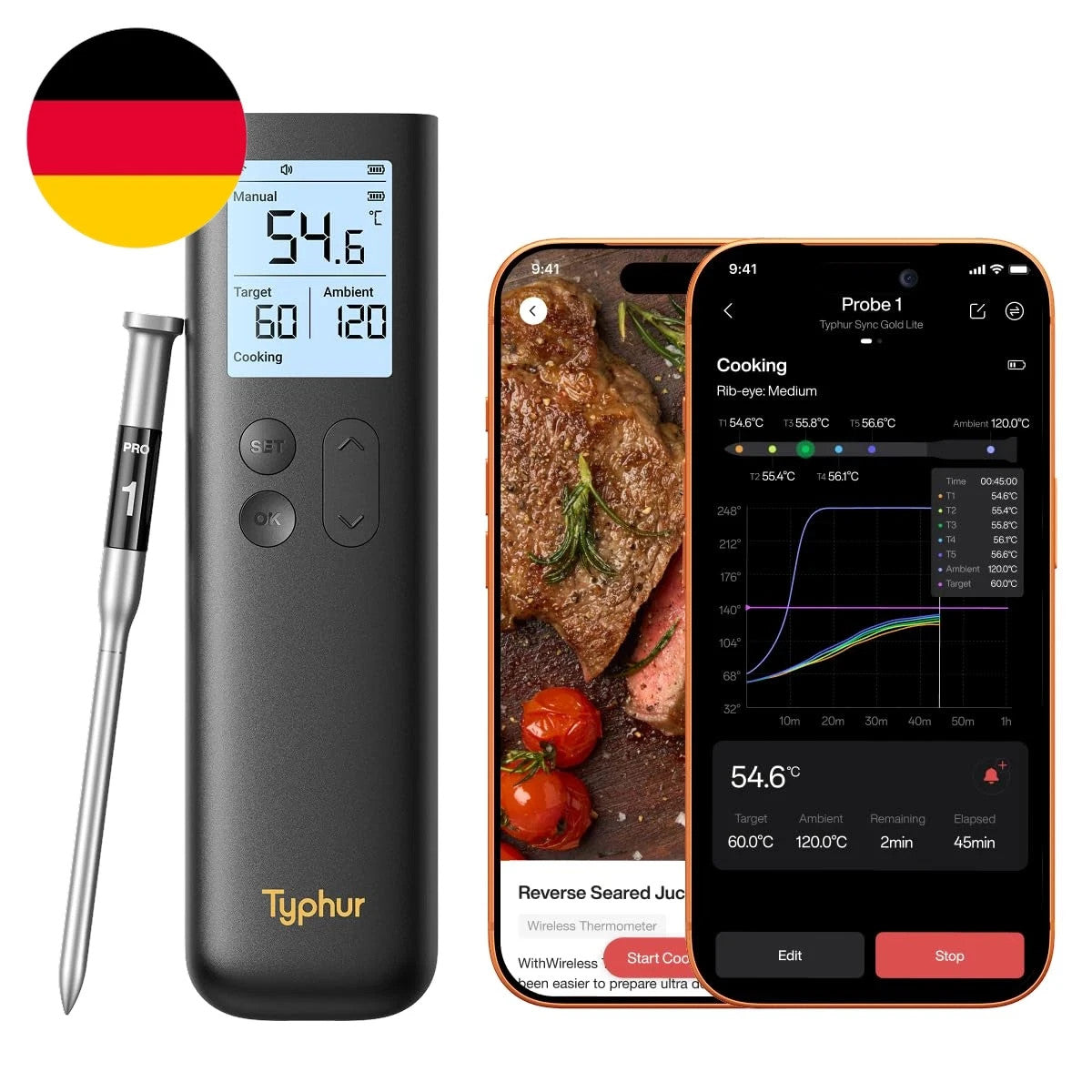 Typhur Sync Gold Lite Digitales Grill- & Fleischthermometer Schwarz inkl. 1 Sond