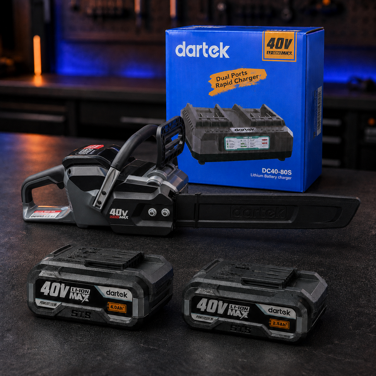Dartek 40V Akku Motorsäge Set | 4,0Ah + 2,5Ah Akku | Dual Ladegerät Kettensäge
