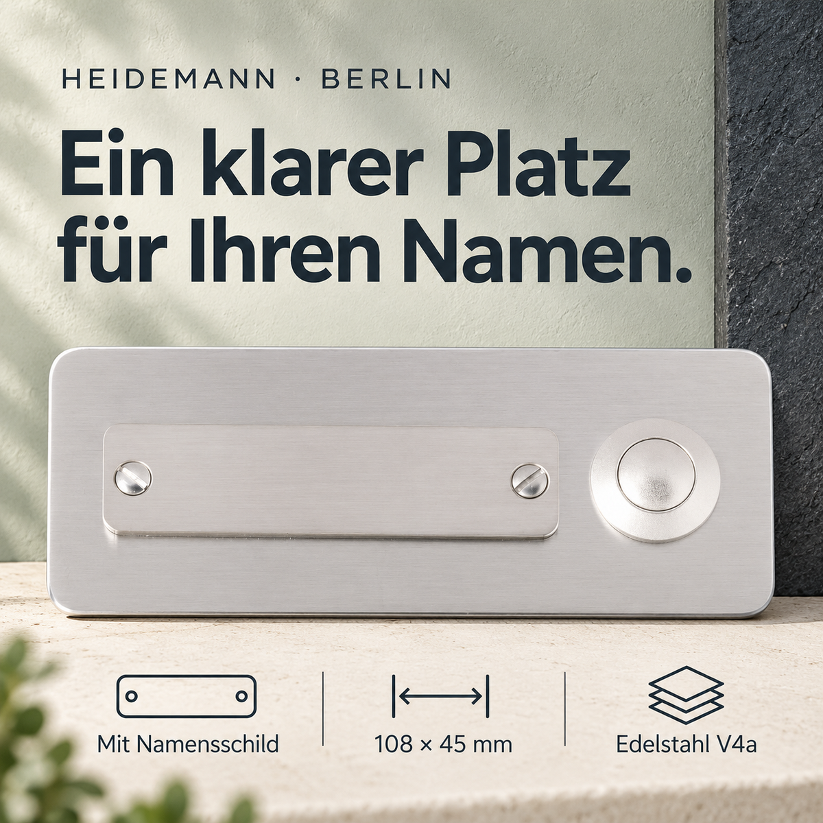 Heidemann Klingeltaster "Berlin " mit Namensschild, Messing-vernickelt 70121 – Produktabbildung