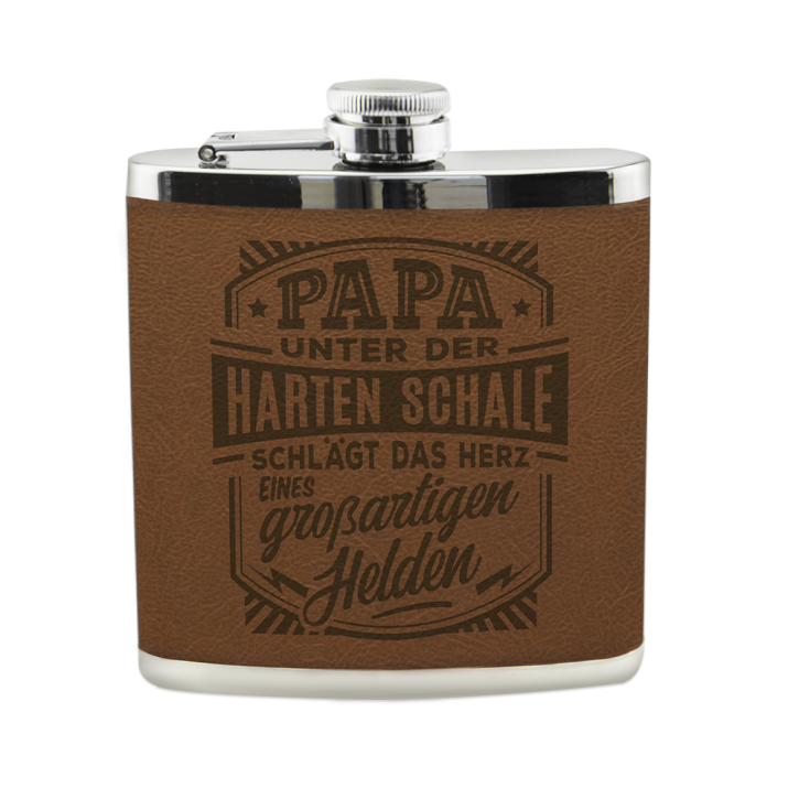 Flachmann mit Kunstleder-Ummantelung – Motiv „Papa unter der harten Schale“