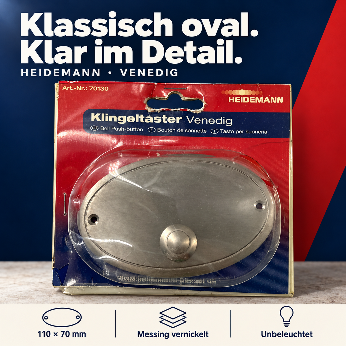 Heidemann Klingeltaster "Venedig" Messing vernickelt, 110x70x5 mm, max 24V 1A – Produktabbildung