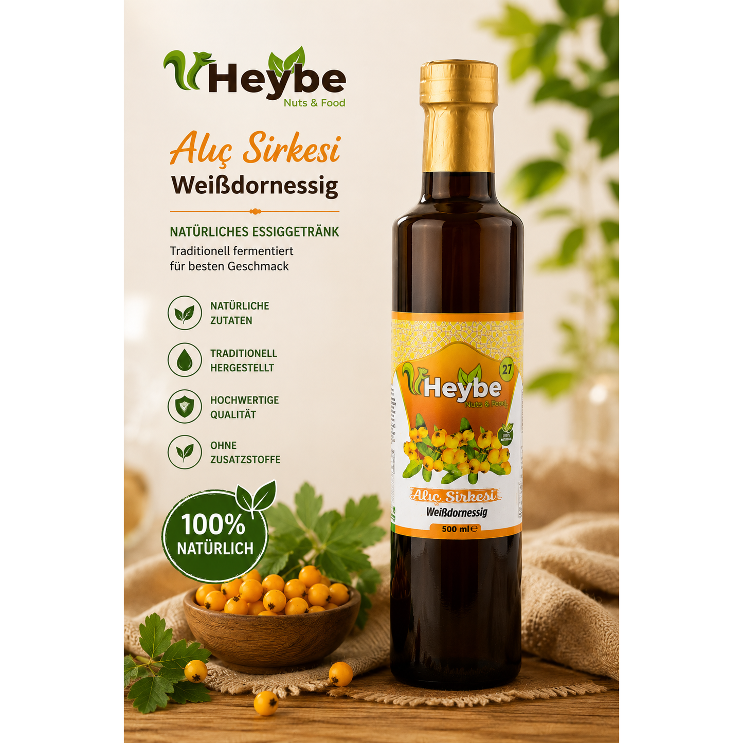 Heybe Weißdorn Essig 500 ml – Natürlich fermentierter Fruchtessig